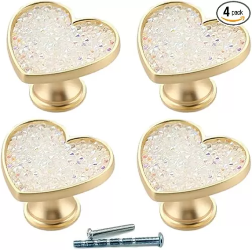 4Pcs Golden-Brass-Heart-Drawer-Knobs, White-Crystal-Cabinet-Knobs, Gold-Copper-Furniture-Cupboard-Dresser-Handles (White Crystal)