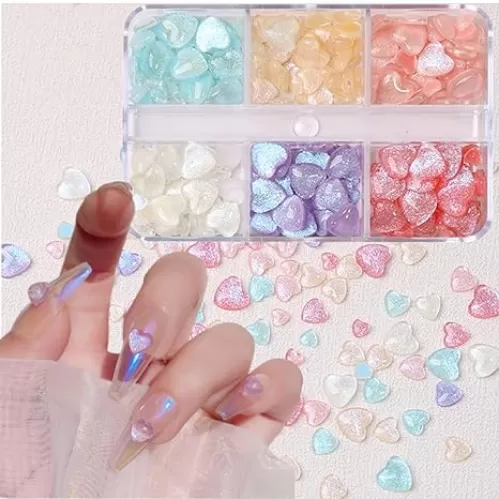 6 Grid Aurora Heart Shape Nail Charms Mixed Size Crystal Jewelry 3D Sparkling Heart Shape Nail Art Gems 6 Colors Glitter Nail Rhinestones for Acrylic Nail Crafts DIY