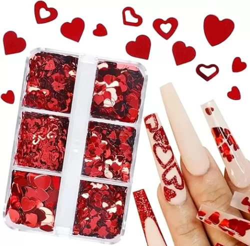 6 Grids Heart Nail Sequins 3D Holographic Nail Glitter Flakes Acrylic Nail Art Supplies Red Love Hearts Shaped Nail Glitter Sequins Valentine's Day Nail Decals for Women DIY Manicure Decorations