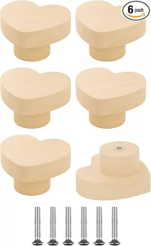 6 Pack Heart Shape Wood Knobs - 1.2” Diameter, Boho Cabinet Furniture Knobs, Wooden Knobs for Cabinets and Dresser Drawers, Natural Wood Kitchen Cabinet Pulls Handles with Screws