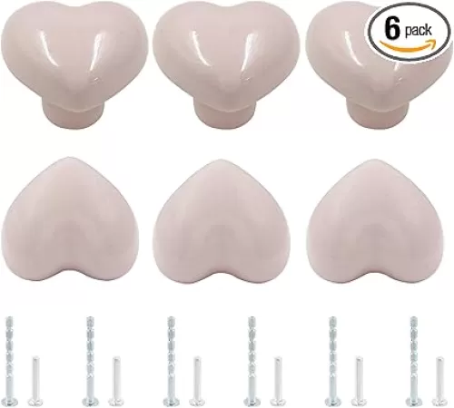 6-Pack Pink Ceramic Cabinet Knobs - Heart-Shaped Drawer Knobs for Kitchen Cabinets and Dressers - Decorative Pull Handles for Cupboards and Closets with Included Mounting Screws