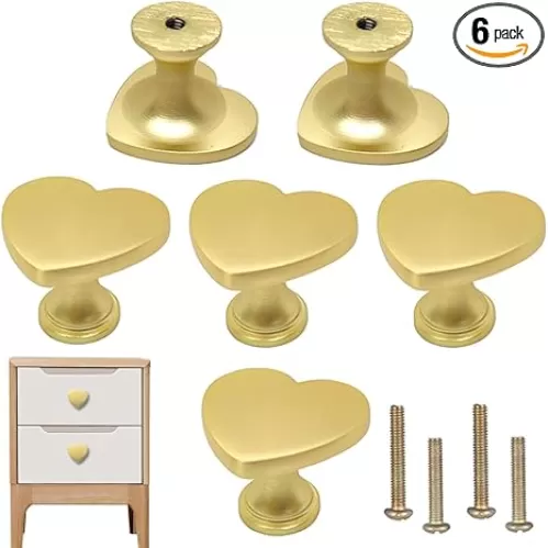 6 pcs Brass Four-Leaf Clover Knobs Handle, Gold Cabinet Knobs Cabinet Drawer Dresser Furniture Kitchen Wardrobe Bathroom Decorative Door Pulls Zinc Alloy Single Hole Handle (Heart)