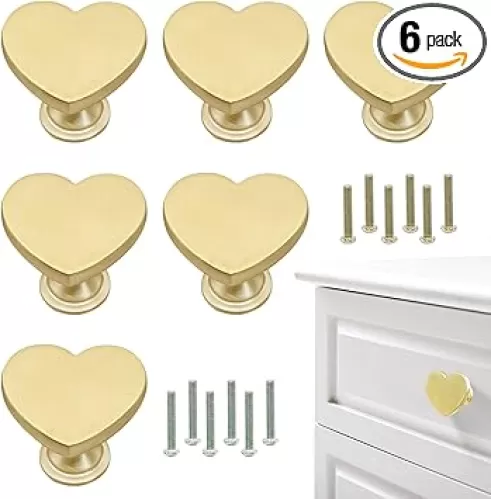 6 Pcs Brass Heart-Shaped Gold Cabinet Knobs, Suitable for Bathroom & Kitchen Drawer Pulls
