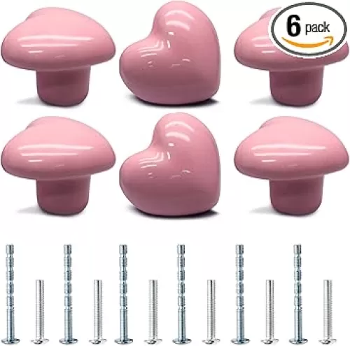6 Pcs Ceramic Cabinet Knobs Heart Shape Cabinet Dresser Pulls Handles Cute Kitchen Cabinet Knobs, Small Vanity Knobs Hardware Closet Cupboard Knobs for Bedroom(6Pack, Pink)