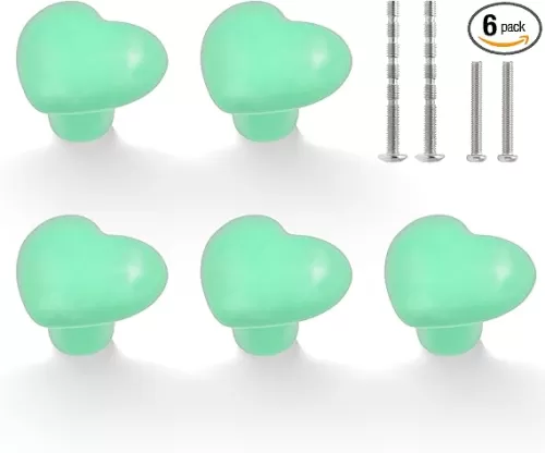 6 Pcs Green Ceramic Drawer Knobs, Heart Cabinet Knobs Decorative Dresser Knobs Drawer Pulls Handles, Cute Cupboard Door Knobs Kids Girls Children Cabinet Hardware for Furniture Cabinet