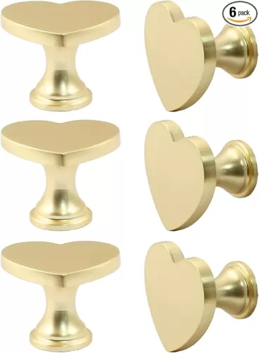 6 Pcs Heart Shape Cabinet Knobs, Gold Drawer Pulls, Brass Gold Dresser Knobs for Cabinet, Kitchen