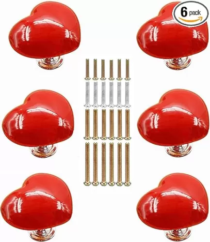 6pcs Heart Shape Ceramic Door Knobs Drawer Cupboard Locker Pulls Handles Wardrobe Drawer Cabinet Home Kitchen Hardware (38mm x 32mm x 32mm, Red)
