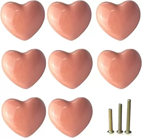 8 Pack Pink Heart Shaped Ceramic Cabinet Knobs, Decorative Knobs for Dresser Drawers