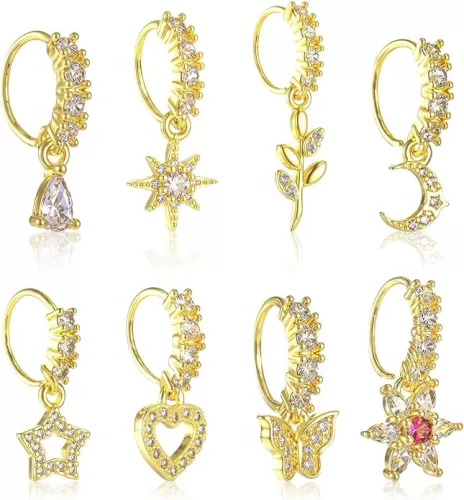 8 PCS Dangle Nose Ring Hoop Gold Nose Rings Studs for Women Dangling Nose Piercing Jewelry Set Heart Star Flower Leaf Butterfly Moon Shape Cute Nose Rings Hoops Charm Cartilage Earring for Women