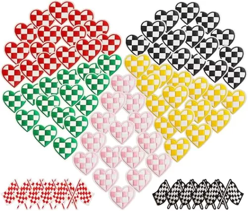85PCS 5Colors Racing Day Checkered Heart Iron-on/Sew-on Embroidered Patches, Flag Patches for Clothes, Dress, Hat, Jeans, DIY Accessories