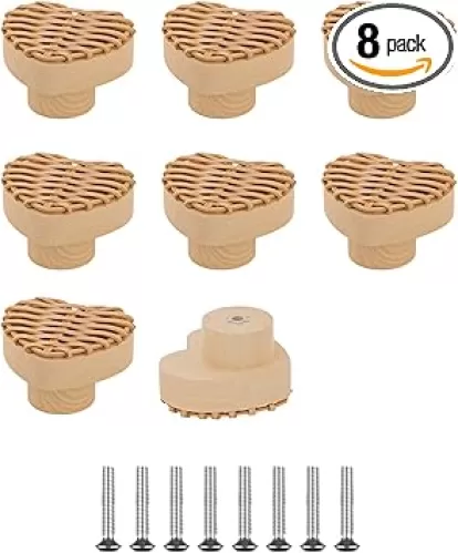8Pcs Boho Heart Shape Rattan Dresser Knobs Pulls Handles 1.65" Diameter, Natural Wood Handmade Wicker Woven Drawer Knobs and Screws for Boho Furniture Kitchen Cabinets Handles Wooden Knobs