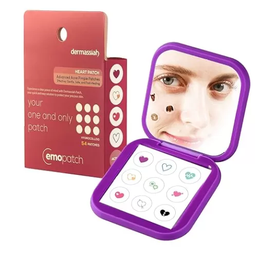 Acne Pimple Patches for Face 54 Count with Mirror Case for Day & Night Use - Hydrocolloid Pimple Pads, Emoji-Themed Blemish Dots, Clear Skin Treatment (Heart)