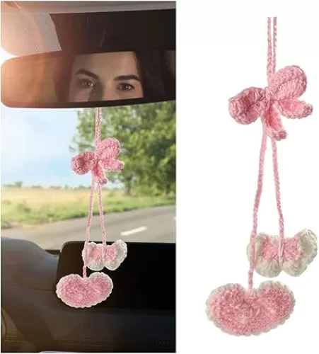 AICEL Bow Heart Shaped Car Hanging Ornament, Handmade Crochet Vehicles Rear View Mirror Charms, Cute Automotive Interior Decoration Pendant Accessories, Universal for SUV, Truck, RV