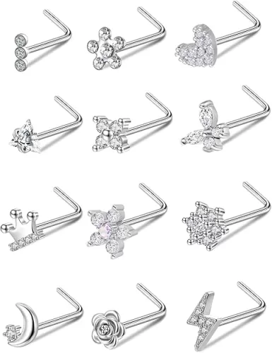 Akeoqi 12Pcs Nose Rings Stud L Shape Nose Rings Cubic Zirconia Butterfly Flower Eye Moon Crown Heart Lightning Shape Nose Studs Piercing Jewelry for Women Men 20G Silver Gold Tone