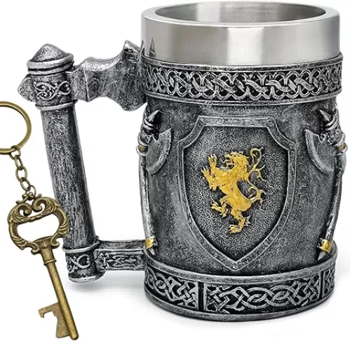 alikiki Large Medieval Axes Tankard Mug 21oz - Kingdom Of England Lion Heart Crest Beer Stein Stainless Coffee Cup Gifts for Men Renaissance Art Norse Decor Home Kitchen Party Decoration