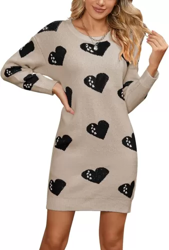 Alsol Lamesa Women's Cute Heart Shaped Crewneck Long Sleeve Knit Mini Sweater Dresses Pullover Sweaters