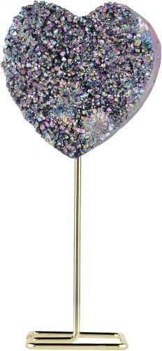 Amogeeli Heart Shaped Titanium Coated Rock Crystal Cluster with Stainless Steel Metal Stand, Love Heart Crystal Stone Specimen Decoration for Home & Office, Rainbow