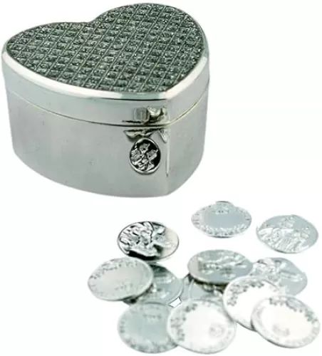 Arras De Boda Gift Set | Comes with Coins | 9 Styles | Wedding Metal Boxes Spanish Matrimony Ceremony (Heart Shaped with Checkerboard)