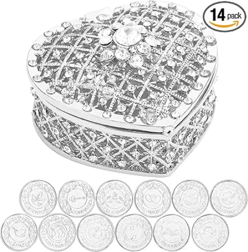 Arras Para Boda Catolica - 13pc Wedding Unity Coins with Diamond Heart Shaped Box, Arras de matrimonio, Wedding Coins for Unity Ceremony Ideas, Arras de boda Catolica, Unity Coins Catholic (Silver)
