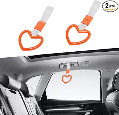 Augeny 2PCS Ring Heart Shaped Car Hand Straps, Cute Rear Bumper Warning Rings Drift, Warning Loops for Car Interior Decor (Orange & Silver)