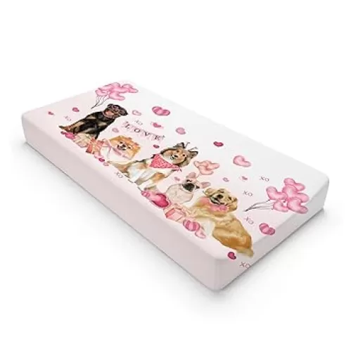 Baby's First Valentine's Day Dogs Changing Pad Covers Dogs Love Hearts Pink Baby Diaper Changing Table Sheets for Girls Soft Stretch Fitted Change Table Mats 32''x16''