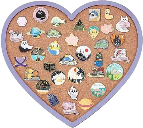 BENECREAT Purple Heart Pin Cork Board Bulletin Display Board, 10.6x11.8inch Wall Mounted Cork Board for Brooch Pin Storage, Office Home Festival Valentine's Decor