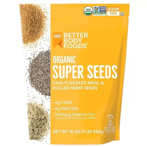BetterBody Foods Superfood Organic Super Seeds - Blend of Organic Chia Seeds, Milled Flax Seed, Hemp Hearts, Add to Smoothies Shakes & More, 1lb, 16 oz
