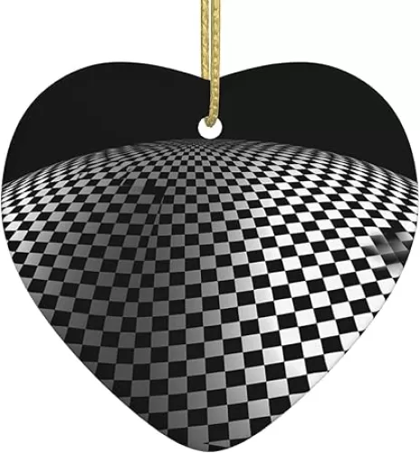 Black and White Checkerboard Ceramic Heart-Shaped Christmas Tree Ornaments, Family New Year Home Souvenirs for Gatherings