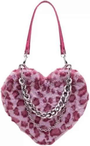 Black White Checkerboard Heart Shape Chain Box Bag Shoulder Messenger Plush Bag (pink)