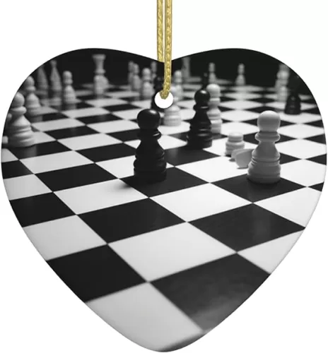 Black White Chess Checkerboard Printed Christmas Tree Ceramic Hanging Ornament Heart Shape Hanging Ornament