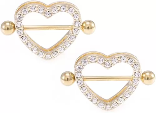 BodyJewelryOnline 14G Stainless Steel CZ Paved Heart Nipple Rings Nipple Piercing Jewelry for Women 7/8 Inch 22mm