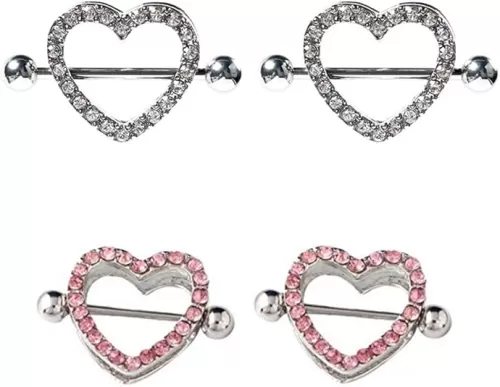 BodyJewelryOnline 2 Pairs of Nipple Shields Heart Shaped Surgical Steel with Pink and Clear CZ Gems