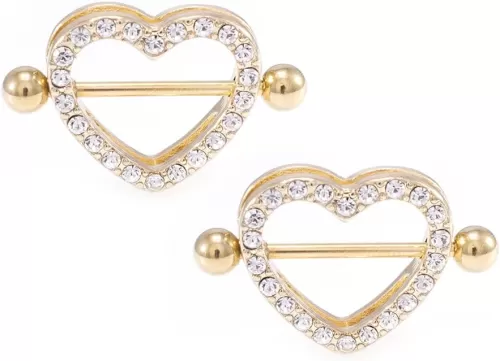BodyJewelryOnline Heart-Shaped Nipple Shield Barbell Ring, Paved CZ Gems, Ion-Plated Gold Tone, 14 Gauge Shaft Barbell, Smooth Quality Finish, Hypoallergenic, Nickel-Free, Durable, Comfortable