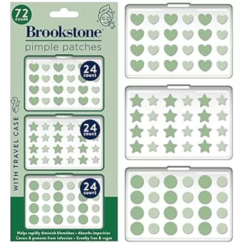 Brookstone Cute Pimple Patches, 72 Count with Travel Case - Cruelty-Free & Vegan - Heart, Star & Circle Patches - Covers & Protects from Infection, Absorbs Impurities, Diminishes Blemishes (Green)