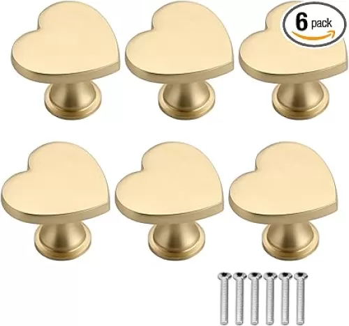 CALIDAKA 6pcs Brass Drawer Knobs Heart Shape Handle Zinc Alloy Cabinet Dresser Pulls Handles Gold Cabinet Knobs Kitchen Furniture Knobs for Cupboard Wardrobe Bathroom Hardware with Screws(Gold Color)
