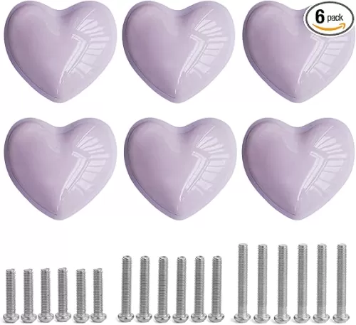Ceramic Drawer Knobs Heart Shape Cabinet Dresser Pulls Handles with 3 Sized Screws, Kitchen Furniture Knobs for Closet Cupboard Wardrobe (6 Pack, Purple)