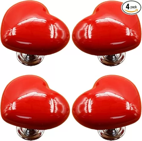 Ceramic Heart Dresser Knobs, [4 Pack] Lovely Mini Red Cabinet Knobs (Heart-Red)