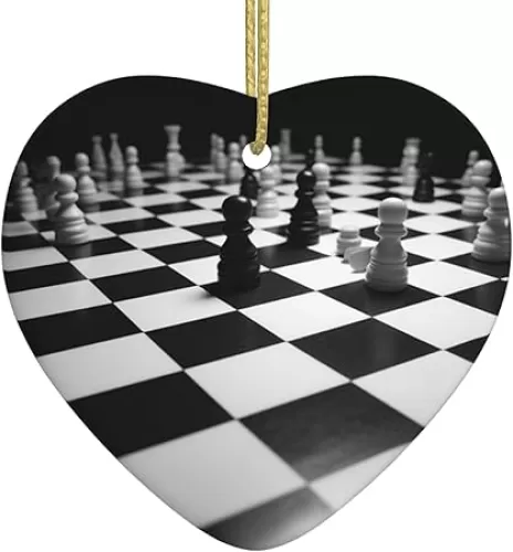Ceramic Heart Shape Ornaments Black White Chess Checkerboard Printing Christmas Tree Ceramic Hanging with Gold Ribbon Cute Ceramic Ornaments Double-Sided Christmas Ornaments Holidays Ornaments