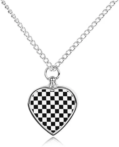 Checkerboard Black White Checkered Heart Shape Dog Ashes Necklace Pet Cremation Jewelry Alloy Memorial Locket Urn Necklace