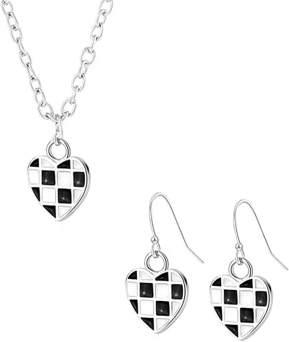 Checkered Earrings And Necklace Sets for Women Ladies Fashion Elegant Vintage Black White Heart Striped Dangle Drop Earrings Heart Geometric Plaid Pendant Necklace Minimalist Statement Jewelry