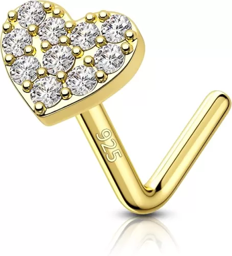 COCHARM 14K Gold Plated 925 Sterling Silver Nose Stud 20g Gold L Bend Nose Piercing 7mm Long Press Fit Nose Stud Sterling Silver Heart Flat Top Nose Jewelry for Women