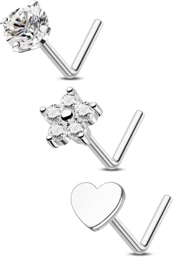 COCHARM 3PCS Titanium Nose Stud 20g, L Shaped Flower Heart Nose Piercing Stud, Silver Gold Nose Ring Stud Stainless Steel Clear CZ Round Nostril Piercing Jewelry for Women