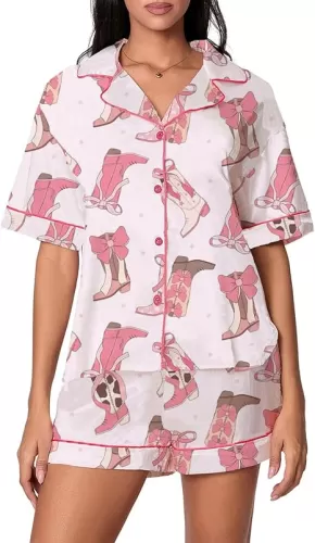 Cowboys Boot Pajamas for Women Y2k 2 Piece Heart Bow Preppy Pjs Coquette Short Sleeve Shirts Matching Pj Shorts Set
