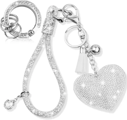 Crystal Keychain Set, Rhinestone Heart-shaped Key chain with Tassel, Bling Car keychain for Women, Keychain