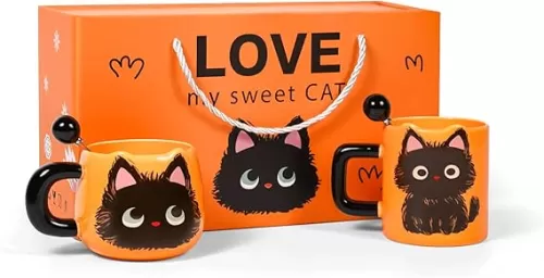Cute Black Cat Couple Coffee Mugs Gift Set - Ceramic Matching Mugs with Spoons, Set of 2 (12.8 oz & 13.5 oz), Perfect Valentine's Day, Christmas, Anniversary Present for Cat Lovers & Couples