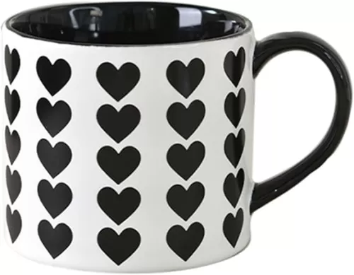 Cute Novelty Ceramic Coffee Mug Water Cup 400ML/13.5OZ. Black Heart Pattern On White Ideal Gift (Black Heart)