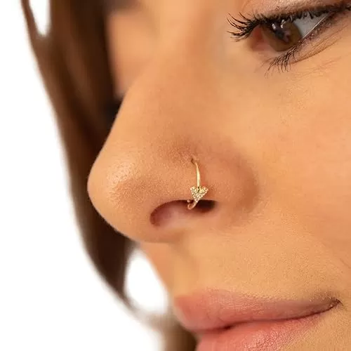 CZ Gold Heart Arrow Nose Hoop | 5/16 8mm 20 Gauge Hoop | 20g 8 MM 14k Gold Nose Ring | Cut Out Heart Design