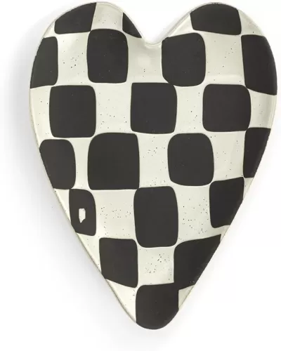 Demdaco Decorative Kitchen Utensil Heart Shaped Spoon Rest, 4.5 x 6.5 Inch Ceramic Stoneware, Checkers