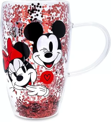 Disney Minnie and Mickey Hearts & Diamonds Confetti Glass Mug | Large 15-Ounce Coffee Cup For Espresso, Tea