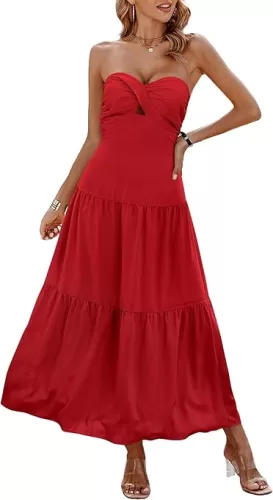 ECOWISH Women's Summer Strapless Maxi Dress 2025 Off Shoulder Hollow Out Smocked A Line Tube Tiered Long Dresses